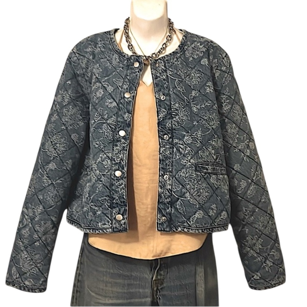 Rachel Zoe Women’s Quilted Floral Print Cropped Denim Jean Jacket Sz L